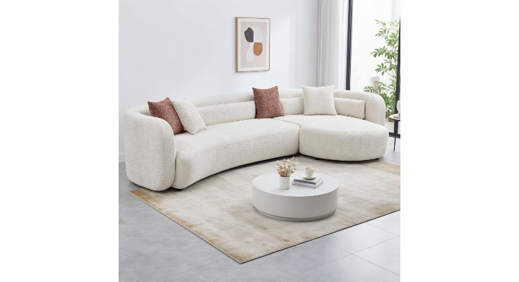 Modern Curved Sectional Sofa, Cream Boucle Fabric, Minimalist Living Room Set
